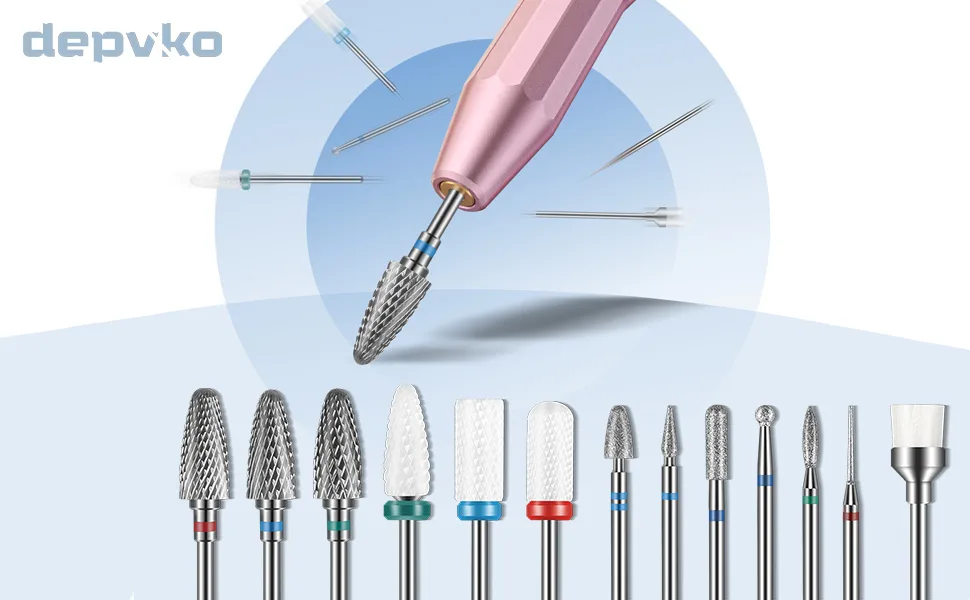 Depvko 13PC Nail Drill Bits Set, Drill Bits for Nails, 3pcs Tungsten Carbide Drill Bits+ 3pcs Ceramic Efile Nail Drill Bits+ 6pcs Diamond Drill Bits+ 1pcs Brush, 3/32 inch Nail Bits for Nail Drill 13Pcs - 13pc nail drill bits