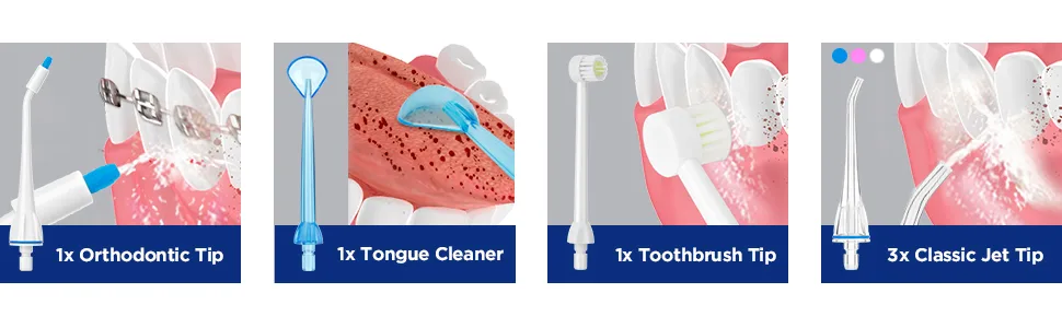 Elifloss Water Dental flosser Oral Irrigator with 4 Modes, 7 Tips, Adjustable Intensity IPX7 Waterproof - TIPS