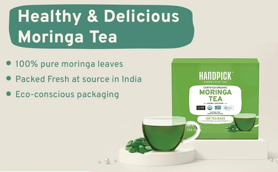 HANDPICK, Organic Moringa Tea Bags (100 Count) Non-GMO, Caffeine Free, USDA Organic Ingredients- Pure Moringa Leaves | Sweet and Light Herbal Tea Bags, Round Eco-conscious Tea Bags - product information 1