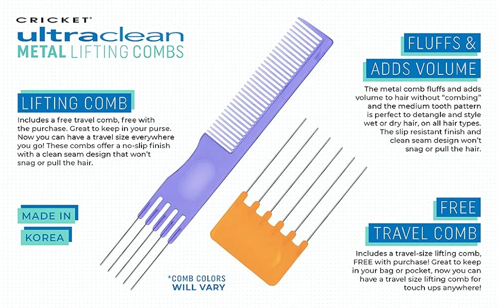 Cricket Ultra Clean Metal Lifting Combs for Styling, Fluffing and Volume (Colors May Vary) - Ultra Clean Combs