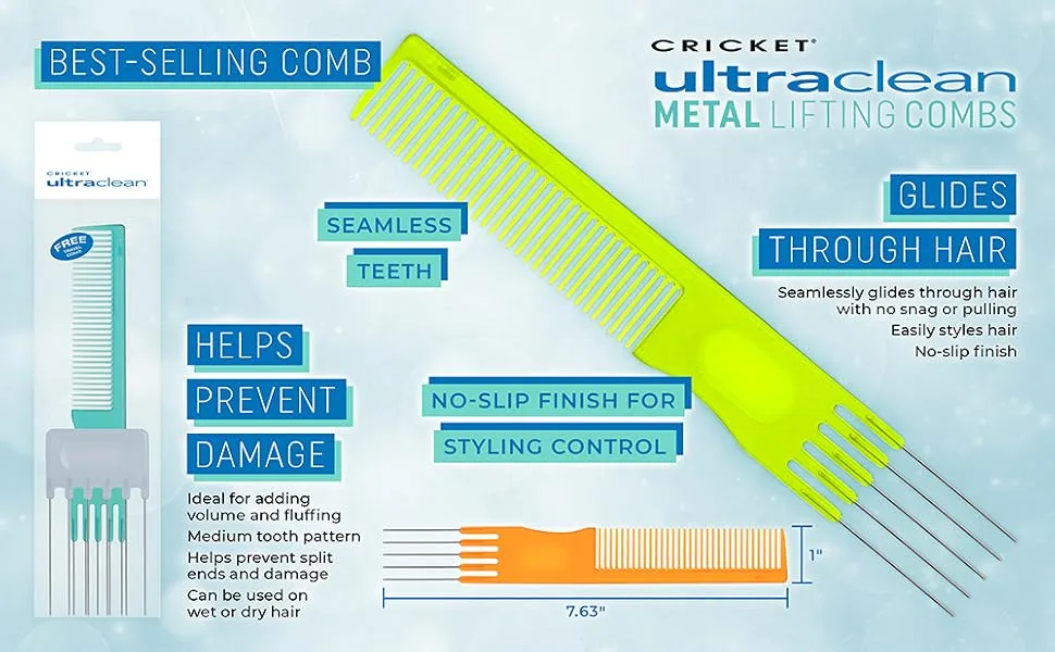 Cricket Ultra Clean Metal Lifting Combs for Styling, Fluffing and Volume (Colors May Vary) - Ultra Clean Combs