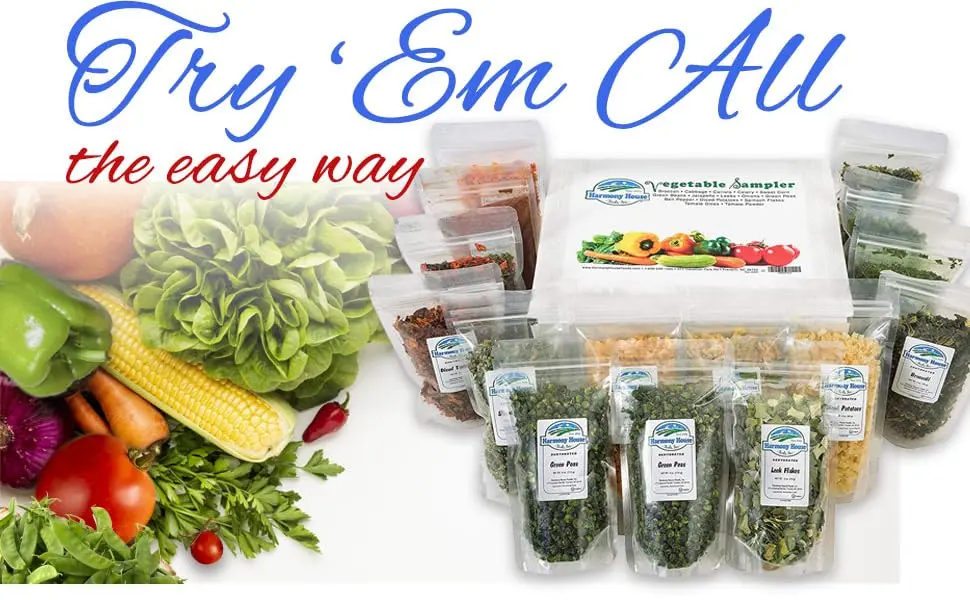 Harmony House Dehydrated Vegetable Sampler  15 Count Variety Pack, Resealable Zip Pouches, For Cooking, Camping, Emergency Supply and More 15 Piece Set - header