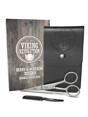 Viking Revolution - Beard and Mustache Scissors w/Comb and Synthetic Leather Case Professional Sharp Surgical Grade Steel for Trimming, Grooming, Cutting Mustache, Beards & Eyebrows Hair - Beard and Mustache Scissors w/Comb and Synthetic Leather Case