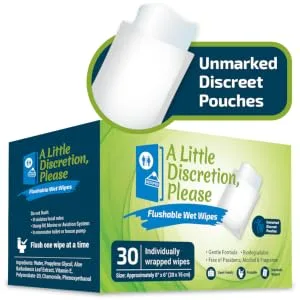 A Little Discretion, Please | Individually Wrapped Flushable Wipes For Adults in Discreet Unmarked Packaging | Unscented, Septic and Sewer Safe | Travel Wipes, Individual Wipes Biodegradable (30 Ct) - butt wipes