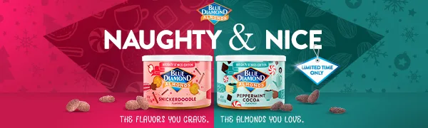 Blue Diamond Almonds, Snickerdoodle Holiday Snack Nuts, 6 oz Resealable Can - peppermint hot cocoa snickerdoodle almonds banner