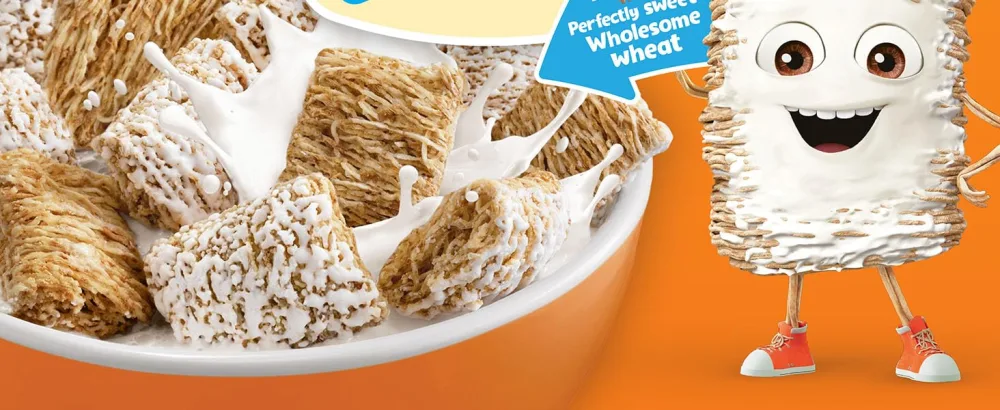 Kellogg's Frosted Mini-Wheats Little Bites Breakfast Cereal Kids Cereal Family Breakfast Original - 14.8oz - mini character holding sign 'perfectly sweet wholesome wheat'