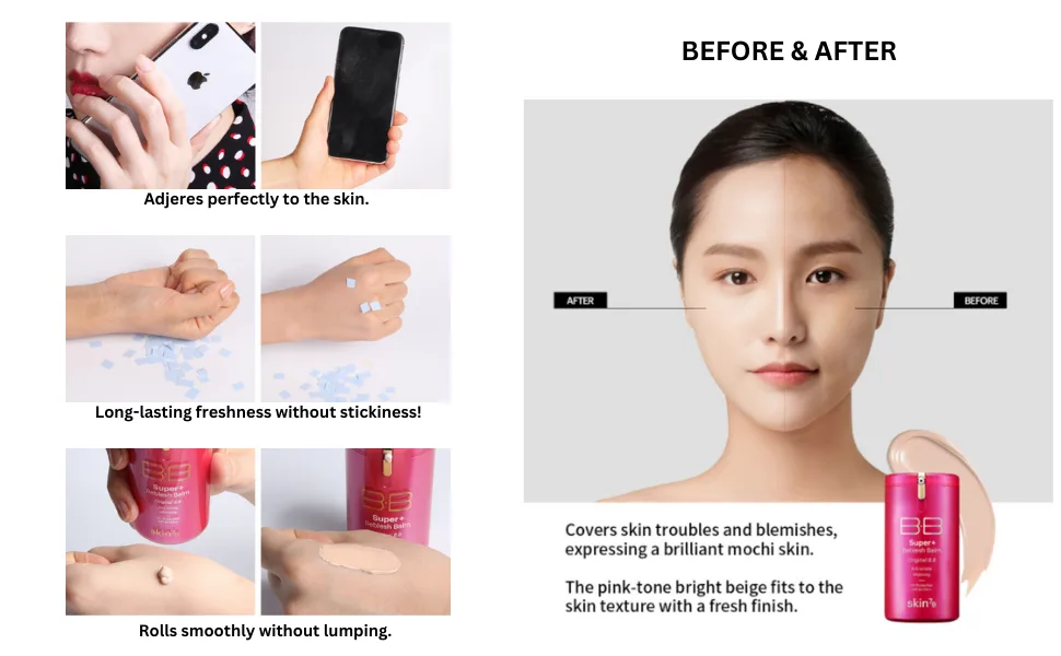 SKIN79 Super+ Beblesh Balm Original BB Cream - 1.35 fl.oz (40 ml) with 2 Random Travel Size BB Cream (7g) (Pink) - Before and After