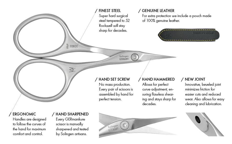GERMANIKURE Tower Point Cuticle Scissors - FINOX Stainless Steel Professional Manicure Tools in Leather Case - Ethically Made in Solingen Germany - 4705 - 4705 GERmanikure FINOX tower point cuticle scissors Solingen Germany surgical stainless steel nail