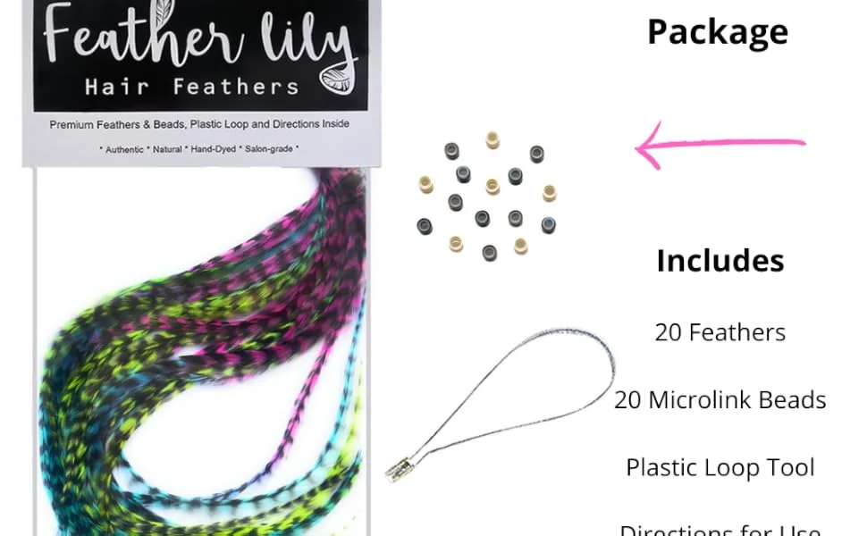 Tie Dye Feather Hair Extensions, 100% Real Rooster Feathers, 20 Long Thin Loose Individual Feathers, By Feather Lily - Feather extension kit