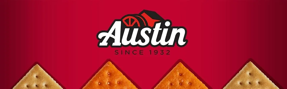 Austin Sandwich Crackers, Single Serve Snack Crackers, Office and Kids Snacks, Peanut Butter on Cheese, 11oz Tray (8 Packs) - Austin Logo on a red background shows peanut butter and cheese cracker sandwiches