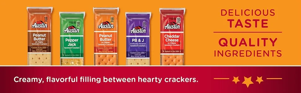 Austin Sandwich Crackers, Single Serve Snack Crackers, Office and Kids Snacks, Peanut Butter on Cheese, 11oz Tray (8 Packs) - Austin sandwich cookies and crackers assortment with delicious taste quality ingredients text
