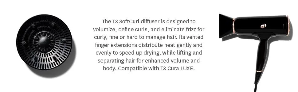 T3 SoftCurl Hair Dryer Diffuser for Cura and Cura LUXE Dryers Black - SoftCurl, T3 Cura LUXE, Diffuser