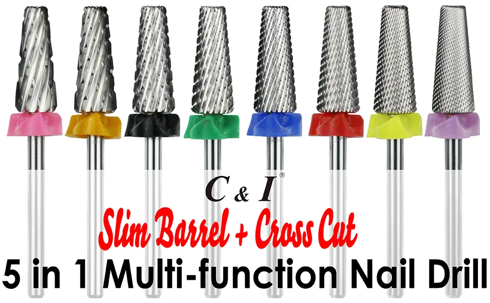 C & I 5 in 1 Nail Drill Bit, Cross & Slim Edition, Professional Nail Drills for Electric Manicure Drill Machine (Double Fine -XXF) - C & I, Nail Drill, 5 in 1 Function, Slim, Cross Cut, 8 Sizes together, Electric Nail File Remover