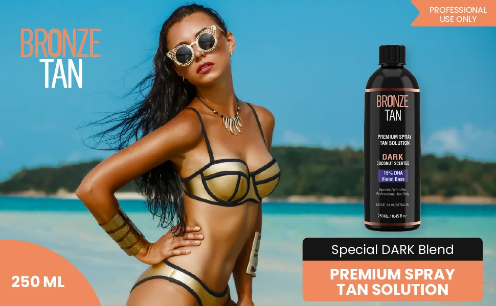 Bronze Tan Spray Tan Solution Professional Tanning Solution for Spray Tan Machine - Coconut Scented Sunless Tanning Solution Dark for Airbrush Tan (250ml / 8.45fl oz) 8.45 Fl Oz (Pack of 1) - Bronze Tan Special Dark Blend Premium Spray Tan Solution For Spray Tanning Professionals