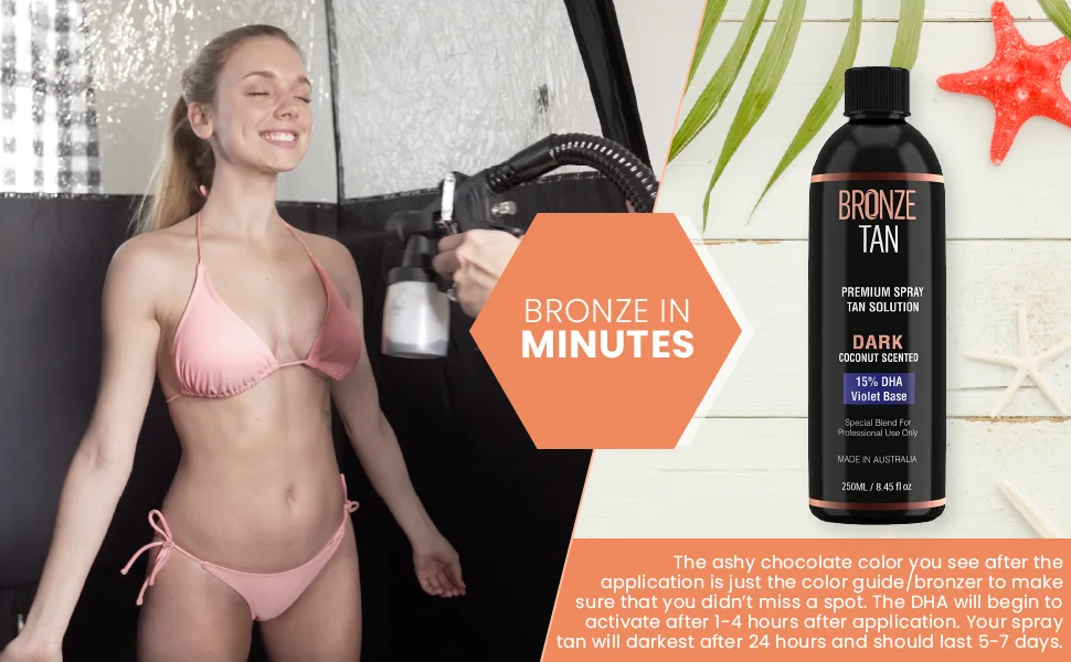 Bronze Tan Spray Tan Solution Professional Tanning Solution for Spray Tan Machine - Coconut Scented Sunless Tanning Solution Dark for Airbrush Tan (250ml / 8.45fl oz) 8.45 Fl Oz (Pack of 1) - Bronze Tan Special Dark Blend Premium Spray Tan Solution For Spray Tanning Professionals