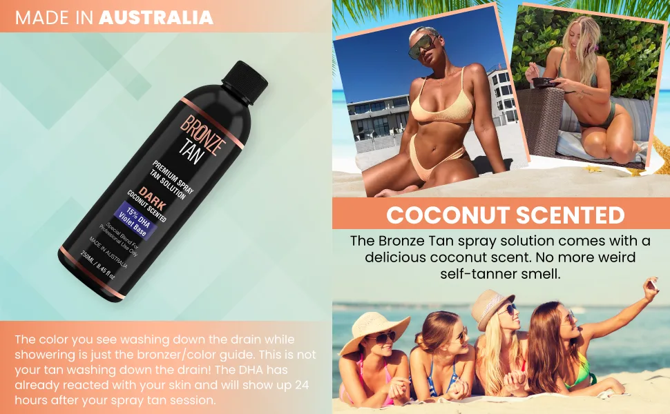 Bronze Tan Spray Tan Solution Professional Tanning Solution for Spray Tan Machine - Coconut Scented Sunless Tanning Solution Dark for Airbrush Tan (250ml / 8.45fl oz) 8.45 Fl Oz (Pack of 1) - Bronze Tan Special Dark Blend Premium Spray Tan Solution For Spray Tanning Professionals