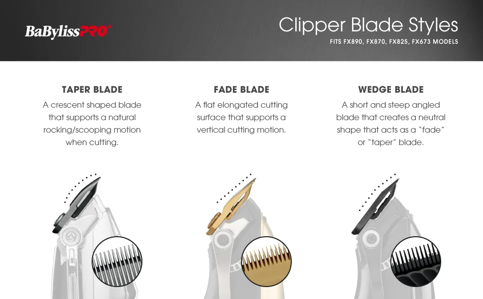 BaBylissPRO Replacement Fade Clipper Blades for FX870, FX825, FX673 Clippers and most 2-hole blady systems FX8010B Black Graphite Fade Blade - Clipper Blades