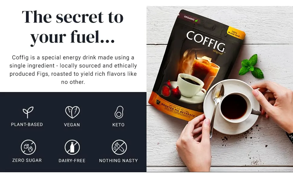Coffig Original Organic Coffee Substitute, Roasted Fig Beverage, Caffeine-Free Herbal Energy Drinks, 5.29oz (150g) - coffee alternatives substitute chickpea instant roast fig beverage fresh replacements dandelion root