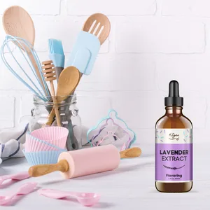 Lavender Extract for Baking - Flavoring - Lavender Extract for Drinks Cakes, Cupcakes, Beverages and More - Non GMO, Gluten Free, Sugar Free - 2oz 60ml - pink and blue baking utensils on kitchen counter with bottle of lavender extract
