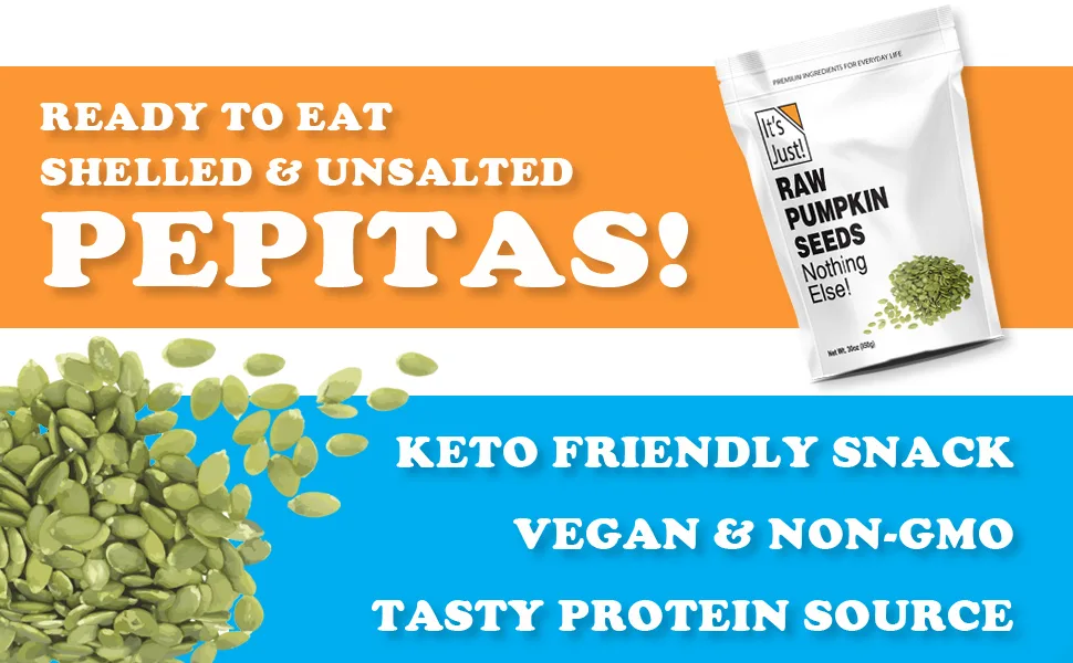 It's Just - Pumpkin Seeds (Pepitas) 1.88lb, No Shell, Raw Unsalted or Dry Roasted with Sea Salt, Keto Friendly Snacking, Non-GMO, Packed in USA (Raw / Unsalted) - raw pumpkin seeds