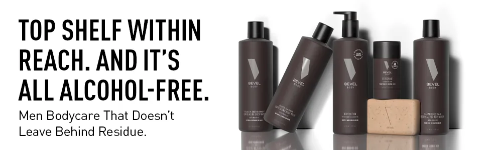 Bevel Grooming Kit for Men - Includes Shampoo, Conditioner, Dark Cassis Body Wash and Mens Body Lotion, 4 Oz Each - 4 Piece Gift Set Get Ready Kit - Top shelf within reach. and it