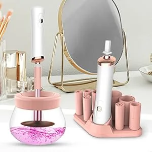 Fesmey Makeup Brush Cleaner Dryer Machine,Super-Fast Electric Brush Cleaner Spinner with 8 Size Collars,Automatic Brush Cleaner Spinner Makeup Brush Tools (White) - spinning makeup brush dryer