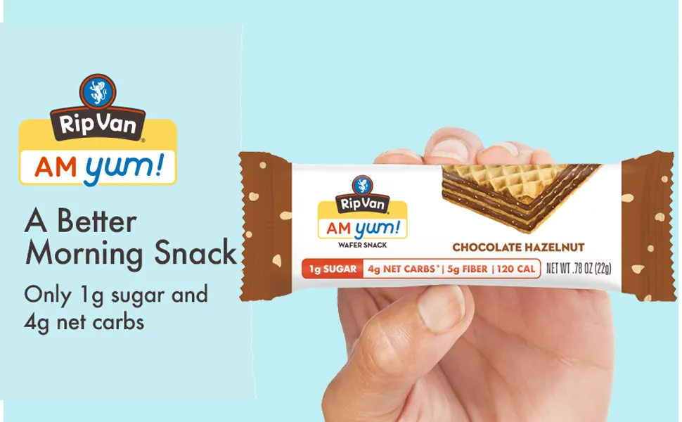 Rip Van AM YUM Chocolate Hazelnut - Keto Snacks - Non-GMO Snack - Healthy Snacks - Low Carb & Low Sugar (1g) - Low Calorie Snack - 16 Count - am yum chocolate hazelnut breakfast bar