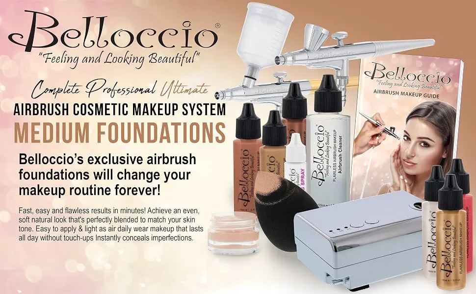 Belloccio Makeup and Tanning Airbrush System with MEDIUM Foundation and Blush Set - Belloccio Airbrush Medium Foundations System