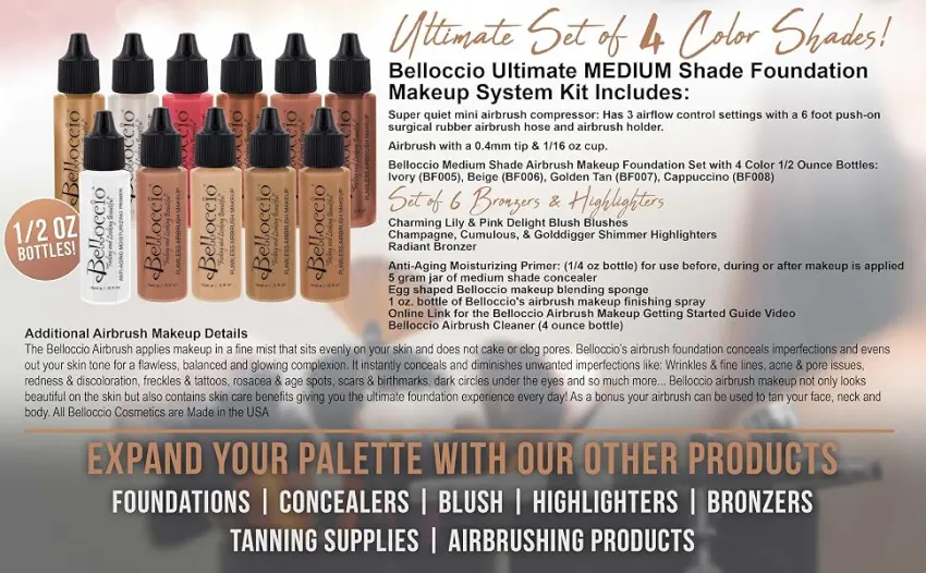 Belloccio Makeup and Tanning Airbrush System with MEDIUM Foundation and Blush Set - Belloccio Makeup Medium Shade Foundation