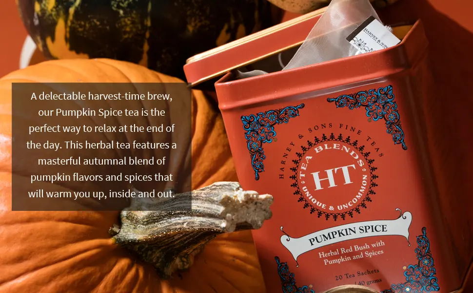 Harney & Sons Pumpkin Spice Tea, Caffeine Free Rooibos Blend, 20 sachets (Pack of 4) - pumpkin spice tea sachets latte