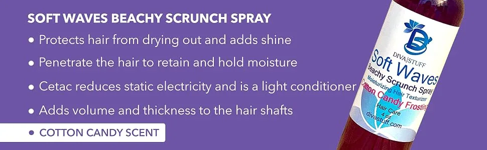 Soft Waves Beachy Scrunch Spray, Moisturizing Hair Texturizer, Cotton Candy, By Diva Stuff - top-banner
