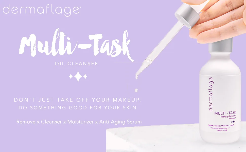 Facial Cleansing Oil | Makeup Remover for Sensitive Skin | Multi-Tasker with Anti-Oxidant Olive Oil, Vitamin E. | By Dermaflage | 2 fl oz. - Dermaflage Multi-Task Makeup Remover & Oil Cleanser