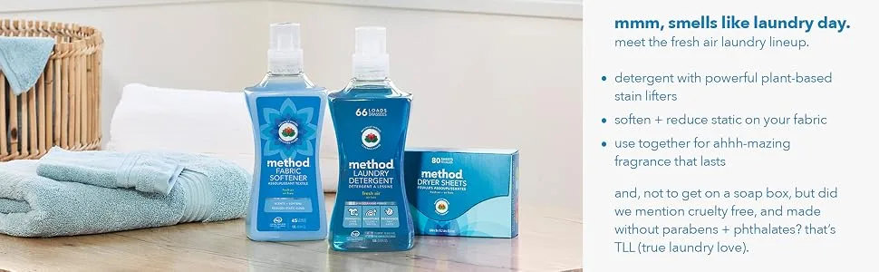 Method Fabric Softener, Fresh Air, 53.5 Ounce, 45 Loads, 1 pack, Packaging May Vary - laundry, detergent, fabric softener, dryer sheets, fragrance boosters