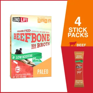 LonoLife - Low-Sodium Grass-Fed Beef Bone Broth Sticks - 10g Collagen Protein - Grass-Fed, Gluten-Free - Keto & Paleo Friendly - Portable Individual Packets - 4 count - unspecified