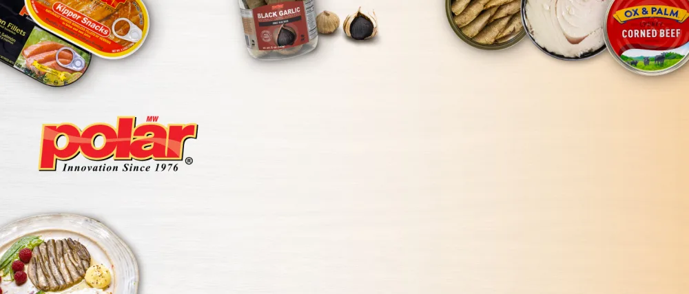 MW Polar Snack Cup, Mandarin Oranges in Light Syrup, 7 Ounce (Pack of 12) - Polar logo on white tabletop with canned fish, corned beef, tuna, and black garlic.