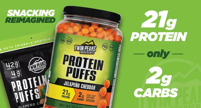 Twin Peaks Low Carb, Keto Friendly Protein Puffs, Jalapeno Cheddar 2 Servings, 3 Pack (60g, 42g Protein, 4g Carbs) - protien