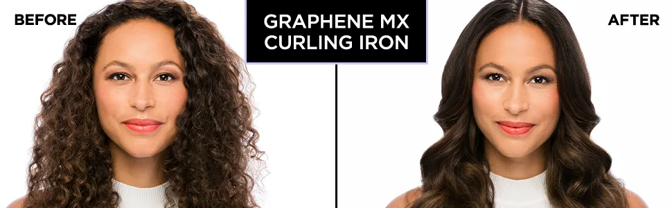 BIO IONIC Graphene Styler,Dryer&Curler - before: frizzy curls. After: smooth hair and softer curls