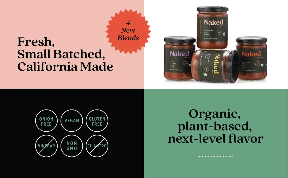 Naked Infusions Organic Gourmet Salsa - Variety Pack - Mild - Medium - Extra Hot - Garlic - 4 x 16 oz jars - organic plant based next level flavor