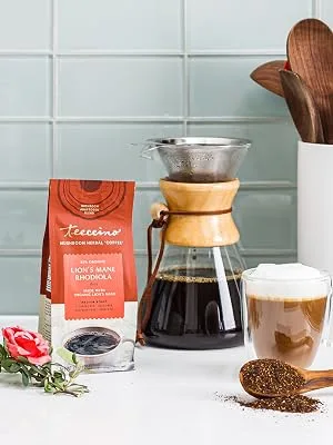 Teeccino Mushroom Adaptogen Coffee Alternative  Lions Mane Rhodiola Rose  Caffeine-Free Mushroom Coffee, 10 Ounce - Lion