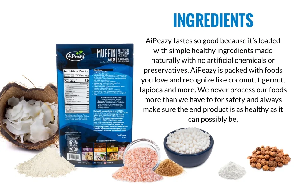 AiPeazy - Muffin Mix - Blend of Tigernut, Coconut and Tapioca - Gluten, Egg, Dairy, Grain Free - product information 4