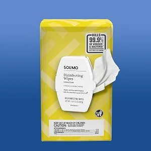 Amazon Brand - Solimo Disinfecting Wipes, Lemon & Fresh Air Scent, Sanitizes/Cleans/Disinfects/Deodorizes, 80 Count (Pack of 4) - Easy to dispense