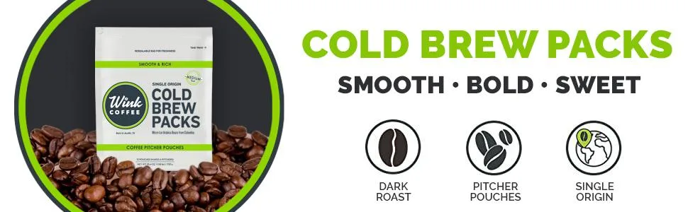 Wink Coffee Cold Brew Pitcher Packs, Coarse Ground 100% Arabica Coffee Beans, Single Origin Colombian Andes, 12 Count, Makes 42 Cups or 6 Large Pitchers, Smooth, Bold & Sweet - description