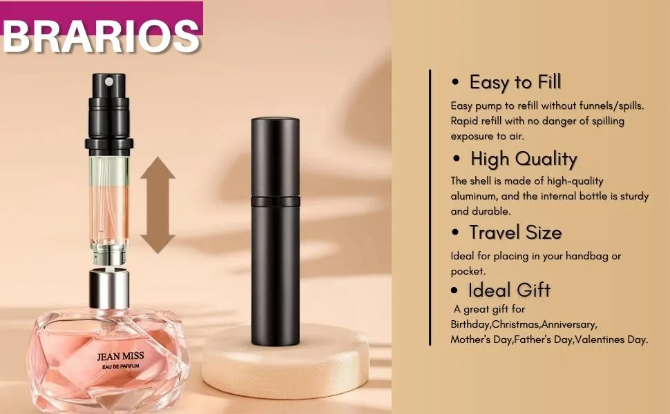 BRARIOS Refillable Portable Mini Perfume Atomizer for Travel, 5ml Luxury Empty Leakproof Pump Perfume Spray bottle Atomizer for Man and Woman (Y-Black) - product information 3
