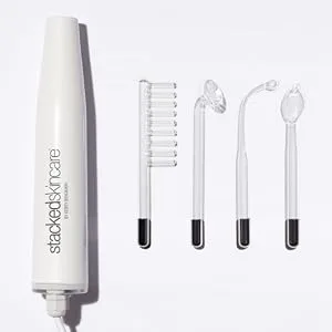 StackedSkincare - High Frequency Wand for Acne, Painless Face Tool, Clears Clogged Pores, Improves Redness and Inflammation, Painless Gas Electrodes - StackedSkincare High Frequency Tools with 4 attachment heads