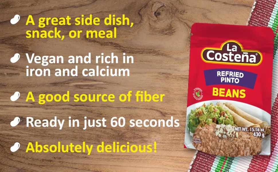 La Costea Refried Pinto Beans, 15.16 Oz Microwaveable Pouch (Pack of 8) Refried Pinto Beans 15.16 Ounce (Pack of 8) - La Costeña refried pinto bean pouches are convenient and delicious