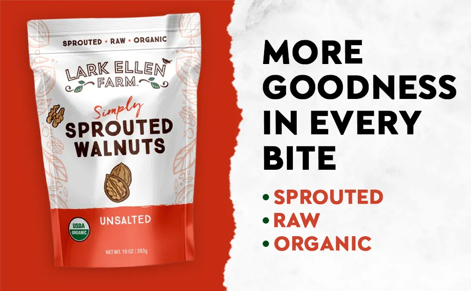 Lark Ellen Farm Organic Walnuts Raw Unsalted Sprouted Walnuts, Certified USDA Organic, Gluten-Free, Vegan, Premium Whole Walnuts (10 Oz, 3 Pack) - arm Sprouted Organic Certified Walnuts Unsalted