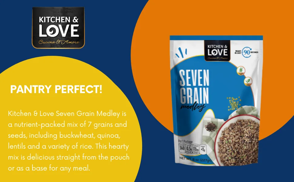 Kitchen & Love Seven Grain Medley, Pre Cooked, Microwave Ready Pouch, Shelf Stable, Vegan, Vegetarian, Gluten Free, 8 Oz, 6-Pack - kitchen & love seven grain medley pantry perfect