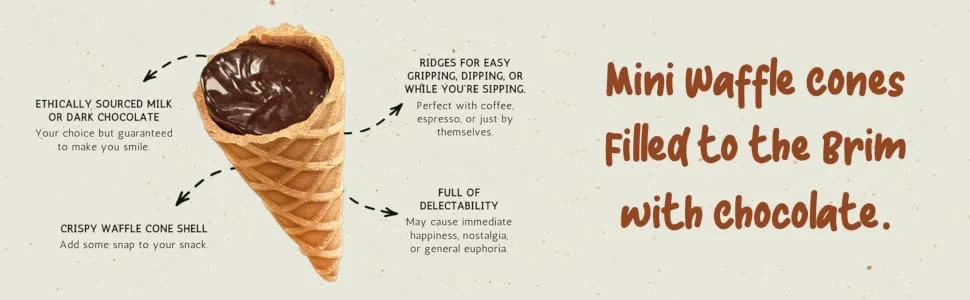 Just The Fun Part, Bite-Size Crispy Mini Waffle Cones with Premium Belgian Chocolate, Great for Snacks, Dessert, Grab & Go - Kosher, Milk Chocolate (Pack of 6) - mini waffle cones filled to the brim with chocolate.