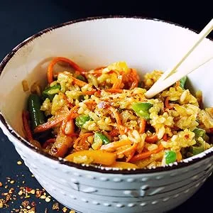 Jasmine Brown Rice, 6 Pounds  Whole-Grain and Long-Grain Thai Rice, Vegan, Kosher, Bulk. Higher in Fiber than White Jasmine Rice. Great as Side Dish - fried brown basmati rice in a bowl with veggies by food to live
