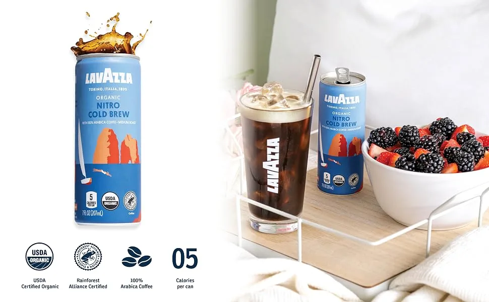 Lavazza medium roast Organic Nitro Cold Brew Coffee, (Pack of 4 Cans / 7 Fluid Ounce Each) Nitro Cold Brew 8 Fl Oz (Pack of 4) - Lavazza Nitro Cold Brew
